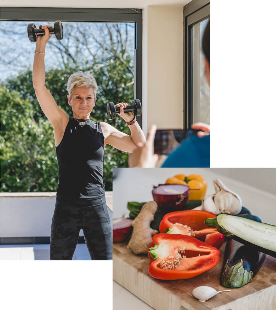 Collage image of workout picture of Rosie Jackson accompanied with fresh vegetables.